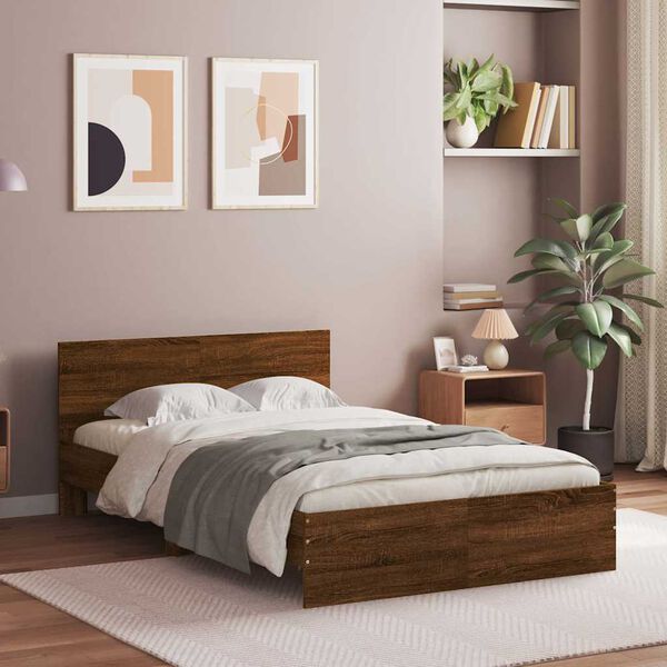 vidaXL Bed Frame with Headboard and LED Brown Oak 140x190 cm