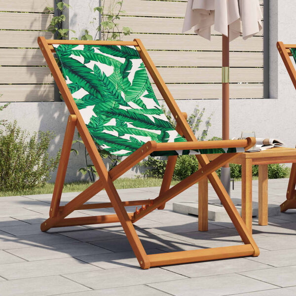 vidaXL Folding Beach Chair Leaf Pattern Solid Wood Eucalyptus and Fabric