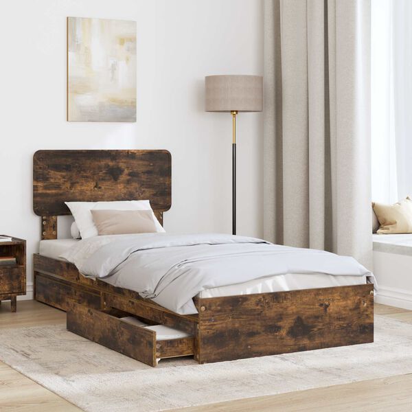 vidaXL Storage Bed with Drawer Smoked Oak 75 x 190 cm Engineered Wood