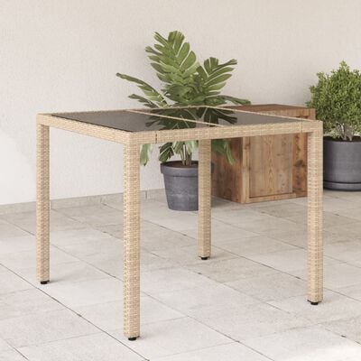 vidaXL Garden Table with Glass Top Beige 90x90x75 cm Poly Rattan