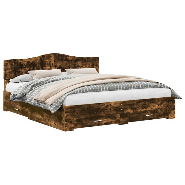vidaXL Bed Frame with Drawer Smoked Oak 200 x 200 cm Engineered Wood