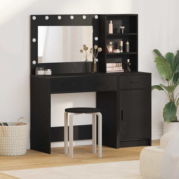 vidaXL Dressing Table with Mirror Lights 2 pcs Black Engineered Wood