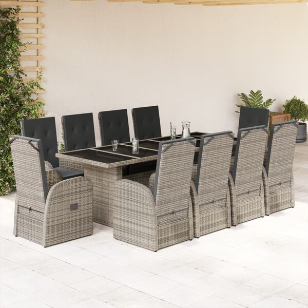 vidaXL 11 Piece Garden Dining Set with Cushions Grey Poly Rattan