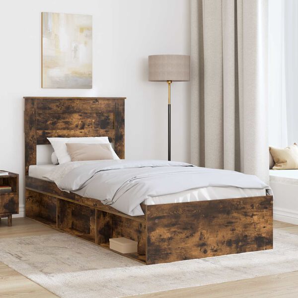 vidaXL Bed Frame with Headboard Smoked Oak 90 x 190 cm Solid Pine Wood