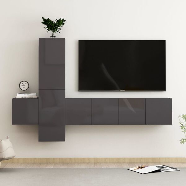 vidaXL 5 Piece TV Cabinet Set High Gloss Grey Engineered Wood