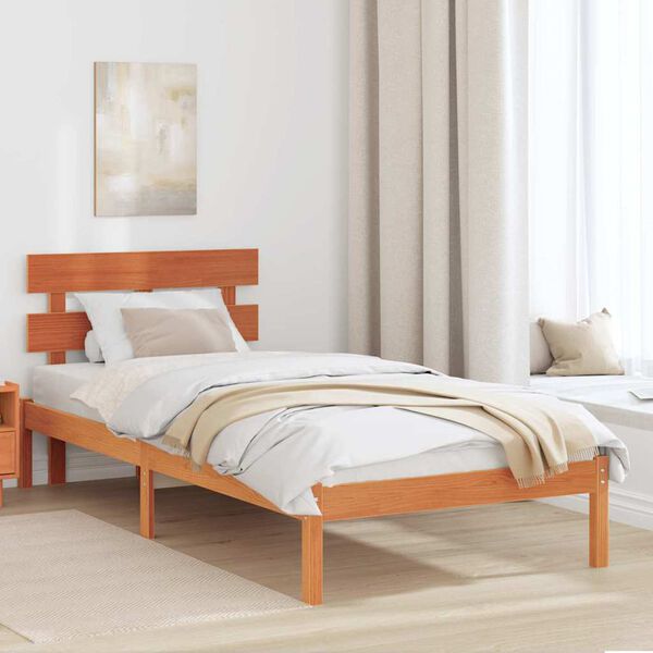 vidaXL Bed Frame with Headboard Brown 90 x 190 cm Solid Pine wood