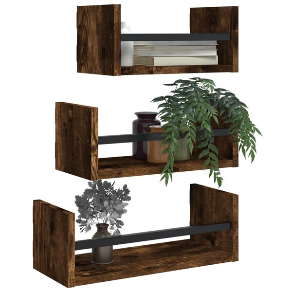 vidaXL 3 Piece Wall Shelf Set with Bars Smoked Oak Engineered wood