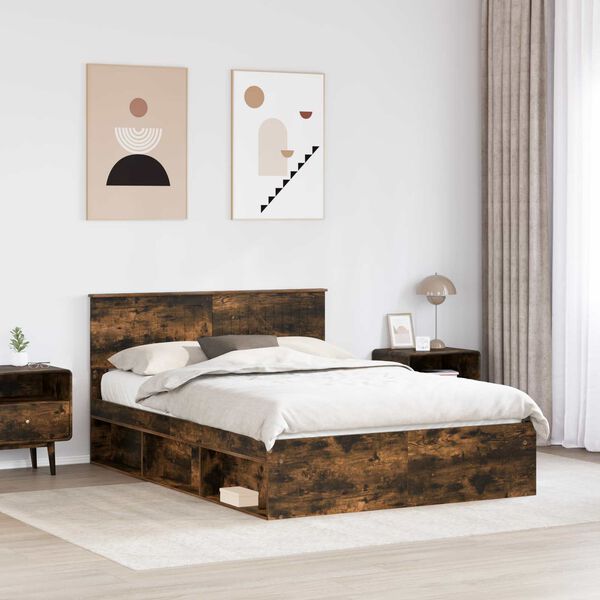 vidaXL Bed Frame Smoked Oak 135 x 190 cm Solid Pine Wood