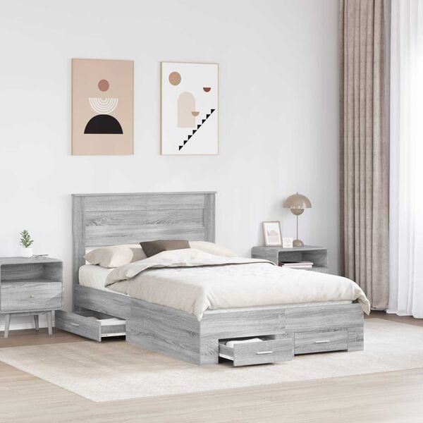 vidaXL Bed Frame with Drawer Grey Sonoma 135 x 190 cm Engineered Wood