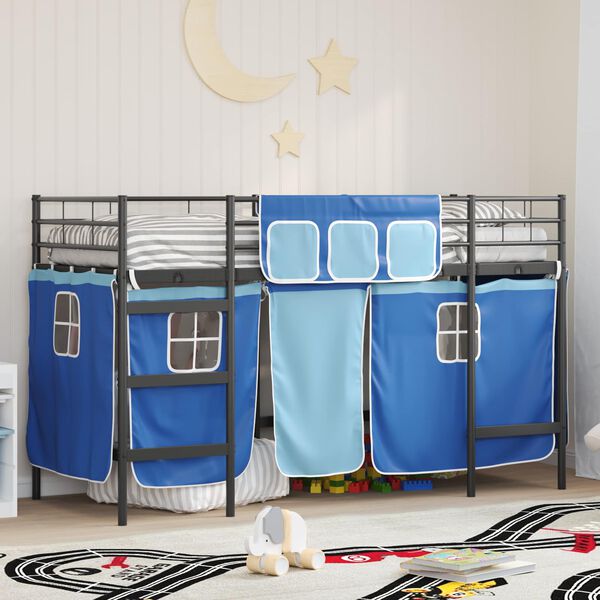 vidaXL Kids'Loft Bed Frame with Curtains Black and Blue 99.5 x 190 cm