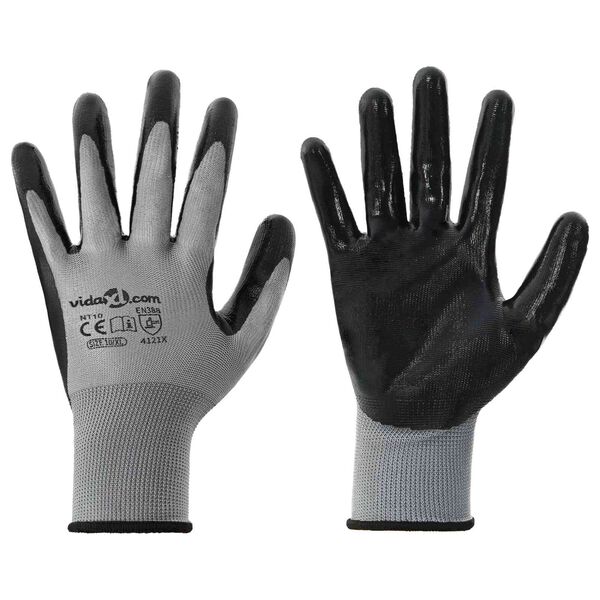 vidaXL Work Gloves 12 pcs Grey and Black 10 / XL Polyester