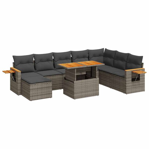 vidaXL 9 Piece Garden Sofa Set with Cushions Grey Poly Rattan Acacia