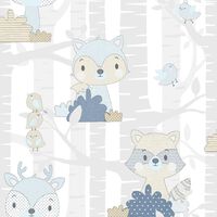 Noordwand Wallpaper Mondo baby Forest Animals White and Blue