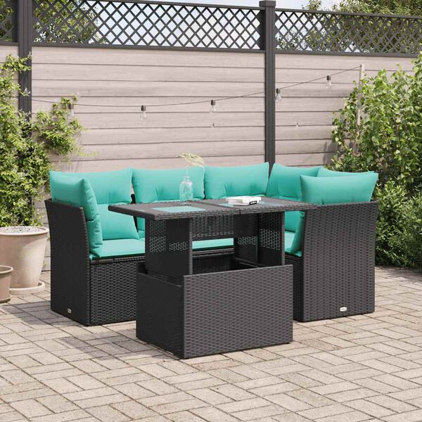 vidaXL 5 Piece Garden Sofa Set with Cushions Black Poly Rattan Acacia