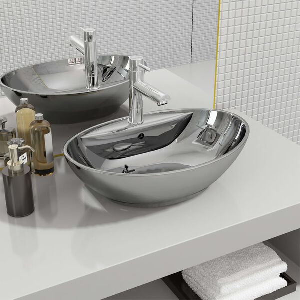 vidaXL Wash Basin with Overflow 58.5x39x21 cm Ceramic Silver
