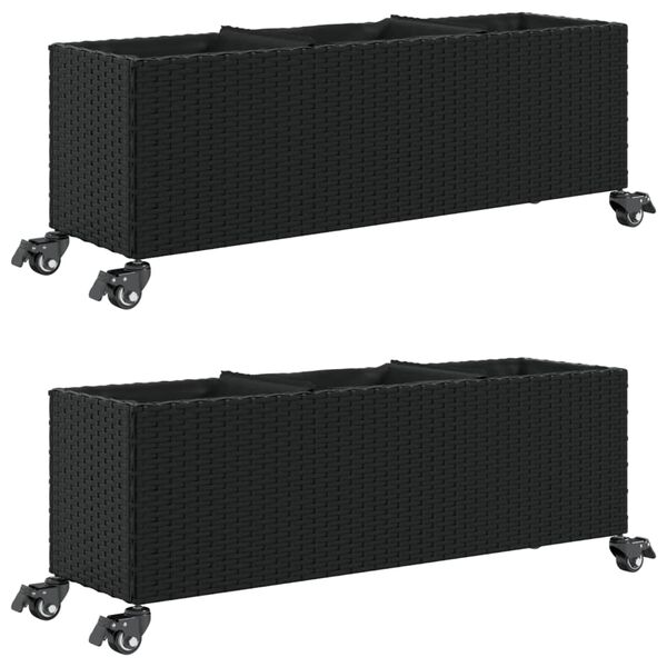 vidaXL Garden Planters with Wheels 2 pcs Black 107x32x38 cm Poly Rattan