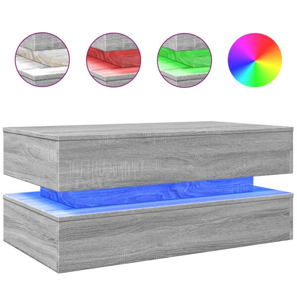 vidaXL Coffee Table with LED Lights Grey Sonoma 90x50x40 cm