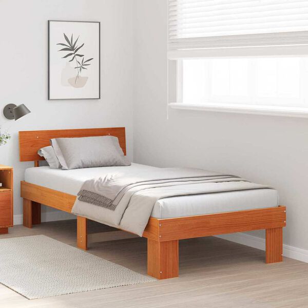 vidaXL Bed Frame with Headboard Wax Brown 90 x 190 cm Solid Pine Wood