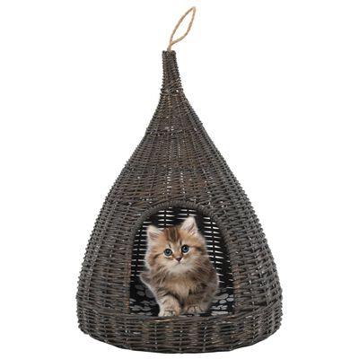 vidaXL Cat House with Cushion Grey 40x60 cm Natural Willow Teepee