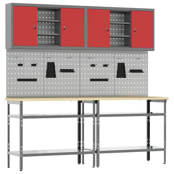 vidaXL Work Bench Set with Shelf 8 pcs Red 200 x 55 x 200 cm Steel
