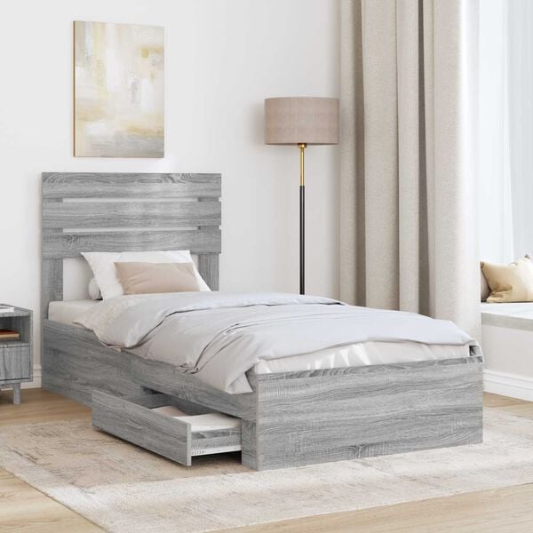 vidaXL Bed Frame Grey Sonoma and Silver 75 x 190 cm Engineered Wood