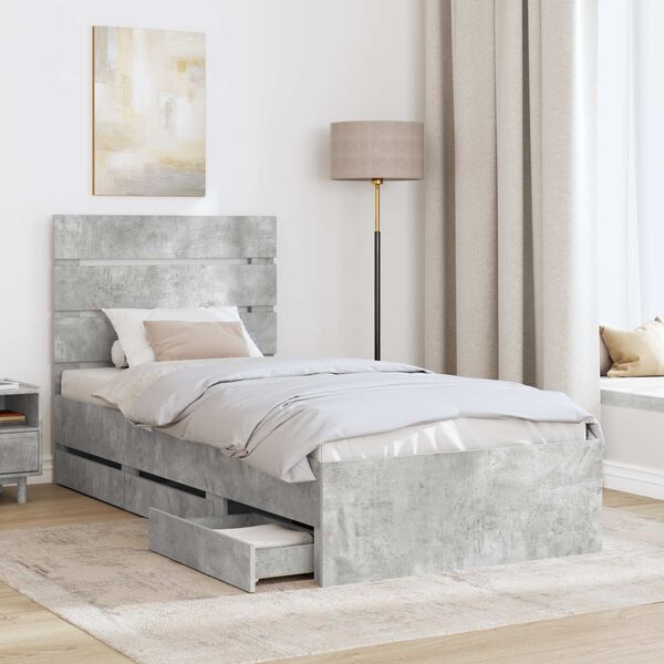 vidaXL Bed Frame with Drawer Concrete Grey 75 x 190 cm Engineer Wood