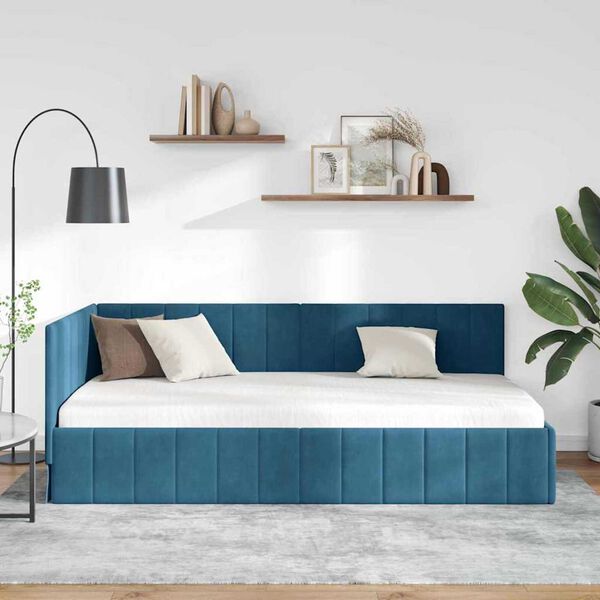 vidaXL Corner Bed Frame with Headboard Blue 100 cm x 200 cm Velvet