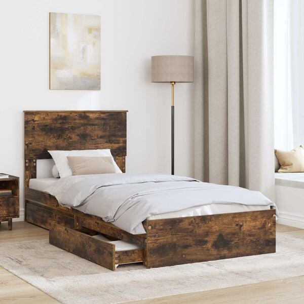 vidaXL Storage Bed with Drawer Smoked Oak 90 x 200 cm Engineered Wood