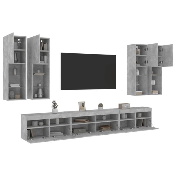 vidaXL 7 Piece TV Wall Cabinet Set with LED Lights Concrete Grey