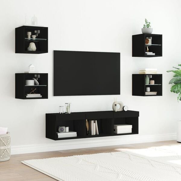 vidaXL 7 Piece TV Wall Units with LED Black Engineered Wood