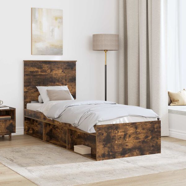 vidaXL Bed Frame with Headboard Smoked Oak 75 x 190 cm Solid Pine Wood