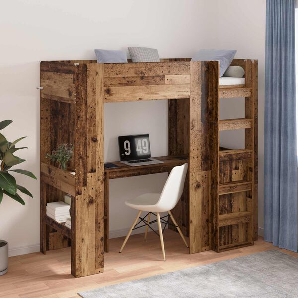 vidaXL Loft Bed Frame with Desk Old Wood 75 x 190 cm Engineered Wood