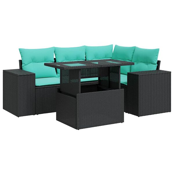 vidaXL 5 Piece Garden Sofa Set with Cushions Black Poly Rattan Acacia