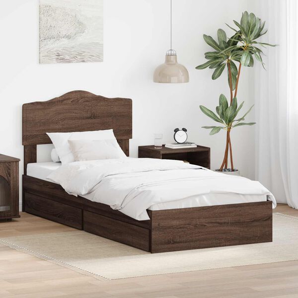 vidaXL Storage Bed with Drawer Brown Oak 90 x 190 cm Engineered Wood