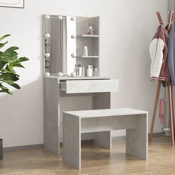 vidaXL Dressing Table Set with LED Concrete Grey Engineered Wood