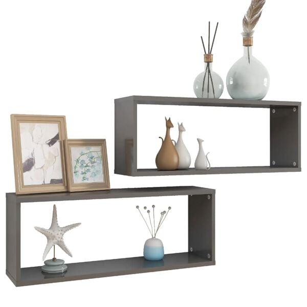 vidaXL Wall Cube Shelf 2 pcs High Gloss Grey 60x15x23 cm Engineered Wood