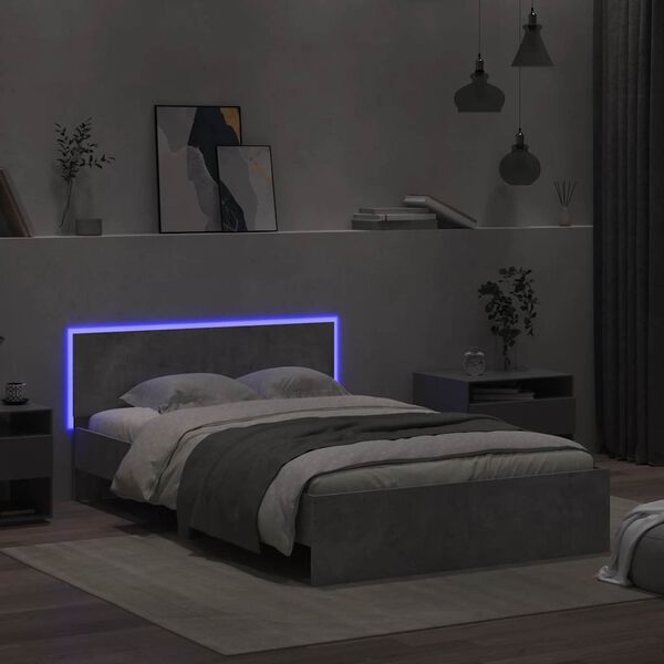 vidaXL Bed Frame with Headboard and LED Concrete Grey 120x190 cm Small Double