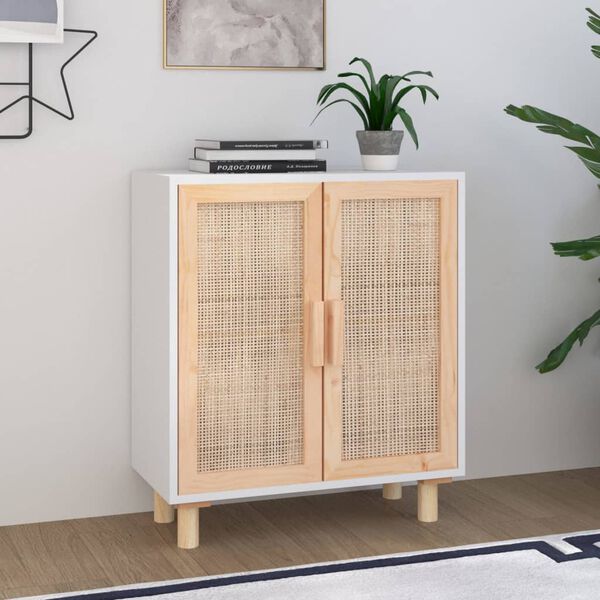 vidaXL Sideboard White 60x30x70 cm Solid Wood Pine and Natural Rattan