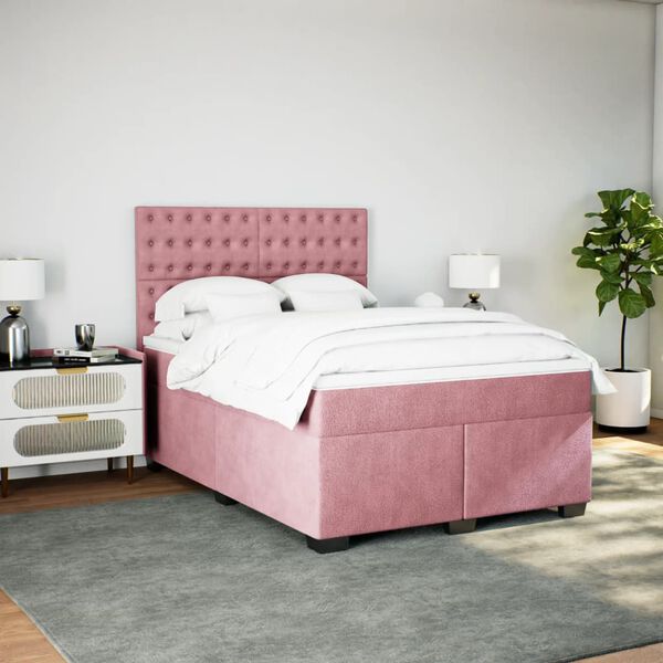 vidaXL Box Spring Bed with Mattress Pink 140x190 cm Velvet