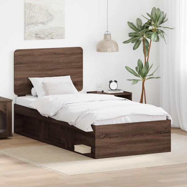 vidaXL Bed Frame with Headboard Brown Oak 90 x 190 cm Solid Pine Wood