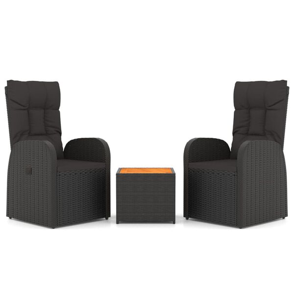 vidaXL 3 Piece Garden Lounge Set Black Poly Rattan&Solid Wood Acacia