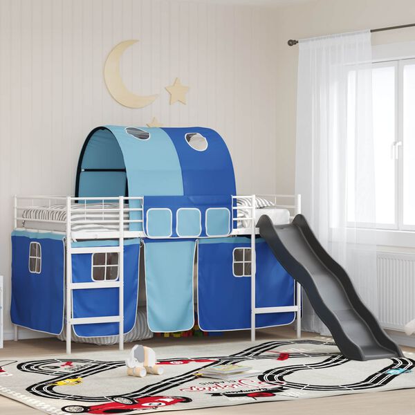 vidaXL Kids'Loft Bed Frame with Curtains, Arch, Slide White and Blue