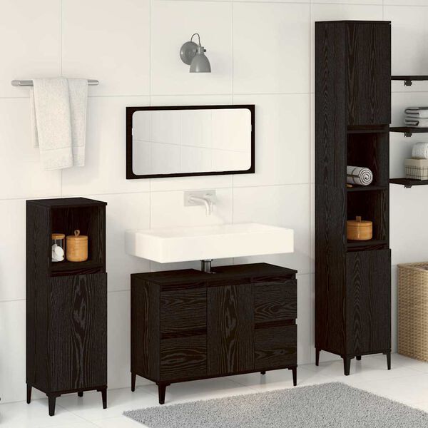 vidaXL Bathroom Furniture Set Wall-mounted with Door 3 pcs Black Oak
