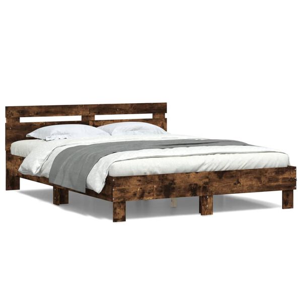 vidaXL Bed Frame with LED without Mattress Smoked Oak 140x200 cm