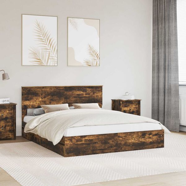 vidaXL Storage Bed with Drawer Smoked Oak 160 x 200 cm Engineered Wood