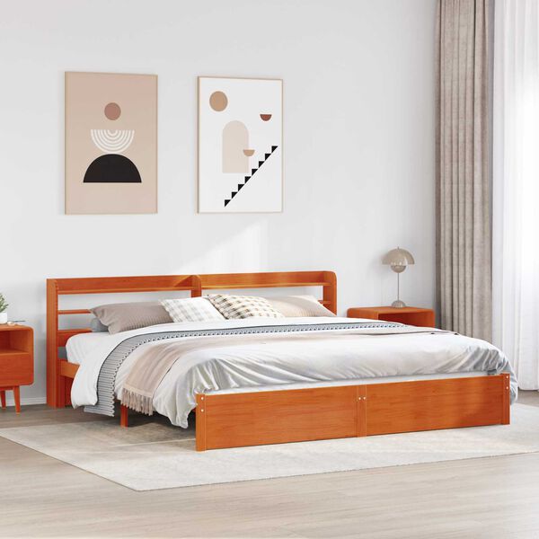 vidaXL Bed Frame with Headboard Wax Brown 200 x 200 cm Solid Pine Wood