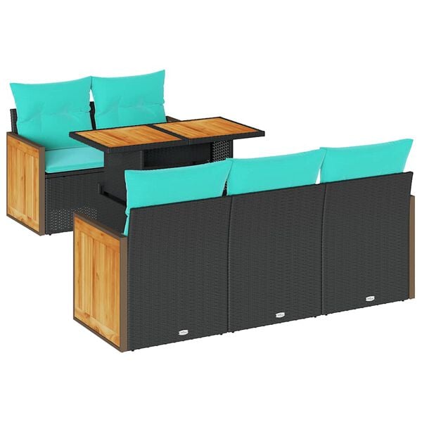 vidaXL 6 Piece Garden Sofa Set with Cushions Black Poly Rattan Acacia