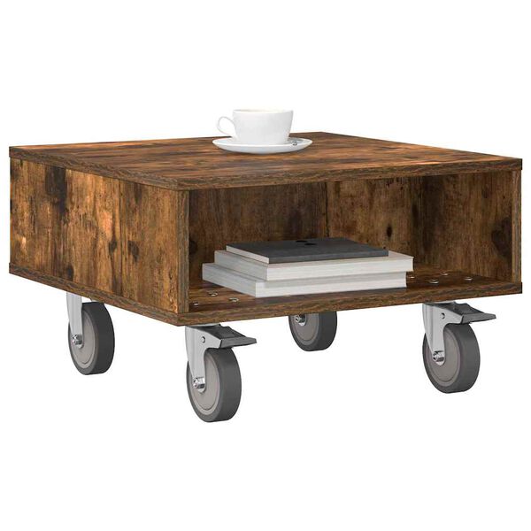 vidaXL Side Table with Wheels Smoked Oak 50.5 x 50 x 30 cm