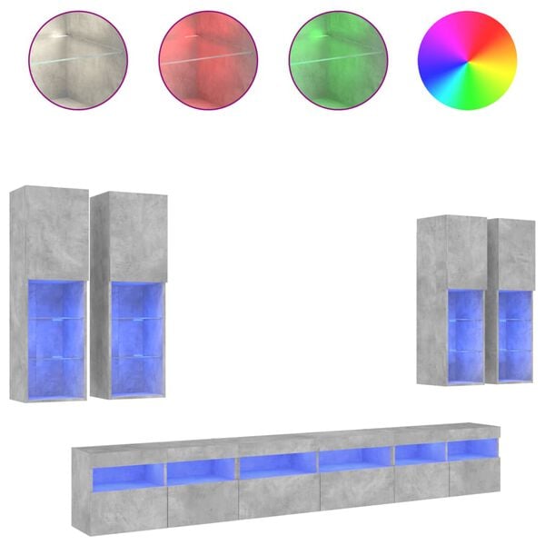vidaXL 7 Piece TV Wall Cabinet Set with LED Lights Concrete Grey