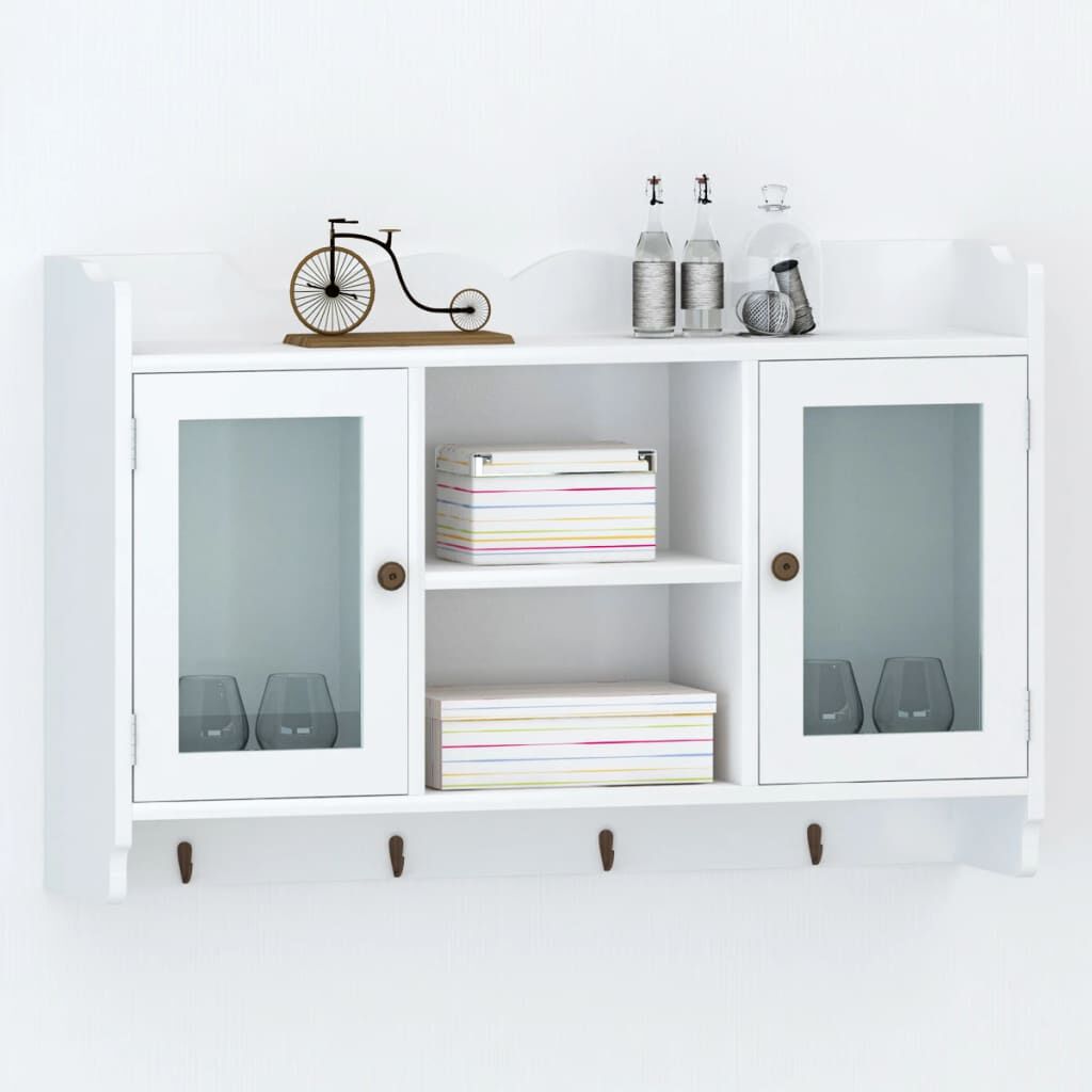 White MDF Wall Cabinet Display Shelf Book DVD Glass Storage